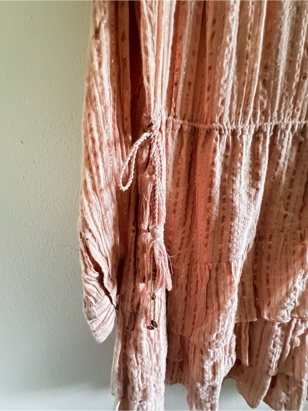 Ulla Johnson Della Metallic Pink Tiered Ruffle Long Sleeve Mini Dress size 8 - Picture 6 of 10
